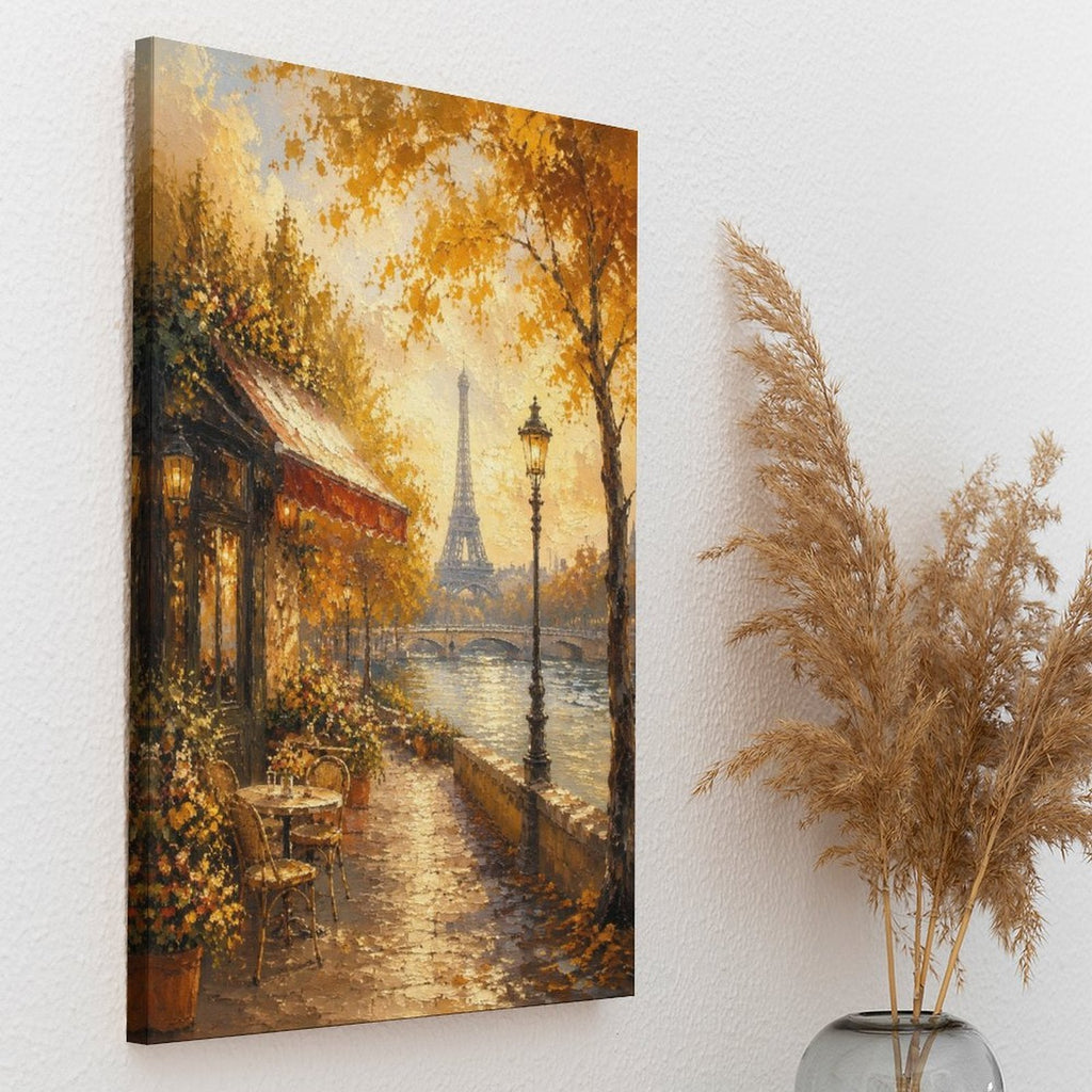 Paris Seine River Autumn Cafe Eiffel Tower Framed Canvas Wall Art | Romantic Impressionist Print