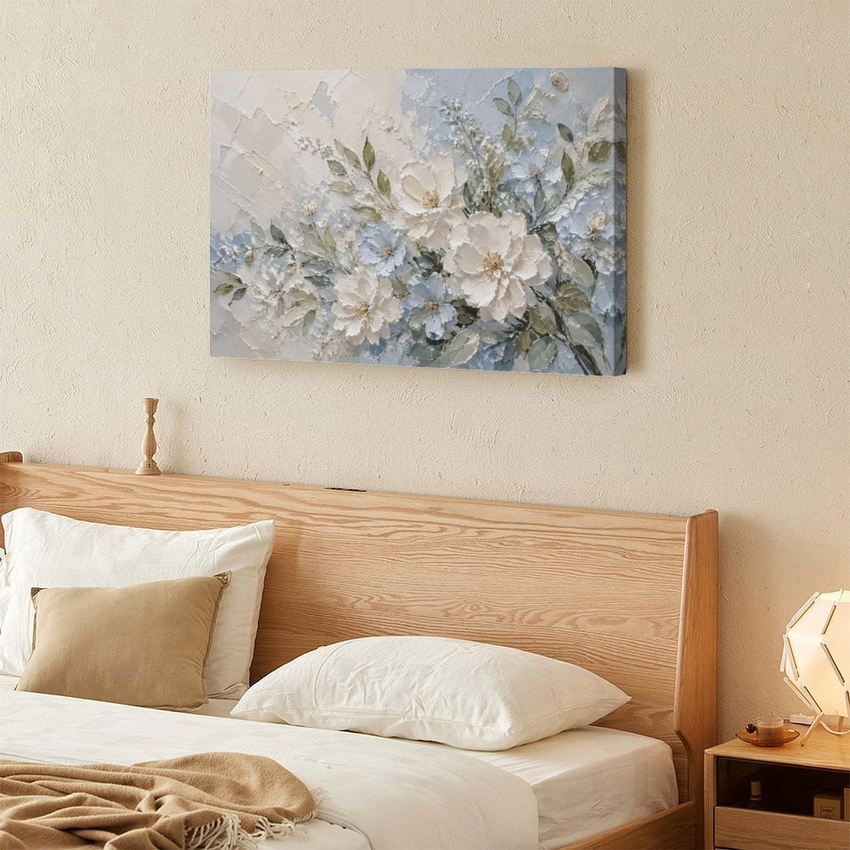 White Peony Blue Floral Textured Framed Canvas Wall Art | French Cottage Botanical Relief Print