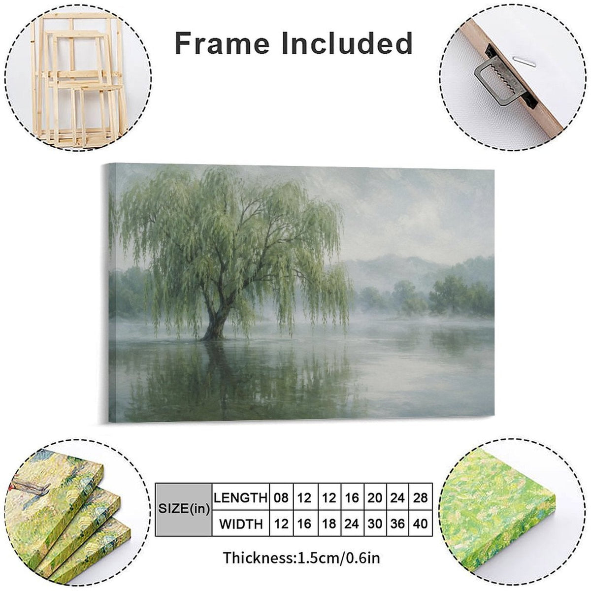 Misty Willow Tree Lake Reflection Framed Canvas Wall Art | Serene Chinese Landscape Print