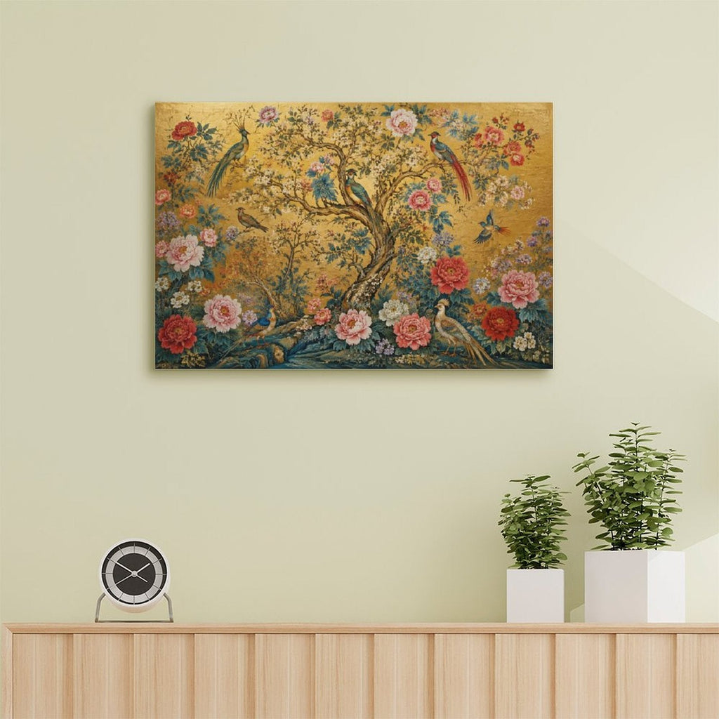 Chinese Imperial Flower & Bird Gold Framed Canvas Wall Art | Chinoiserie Peacock Peony Print