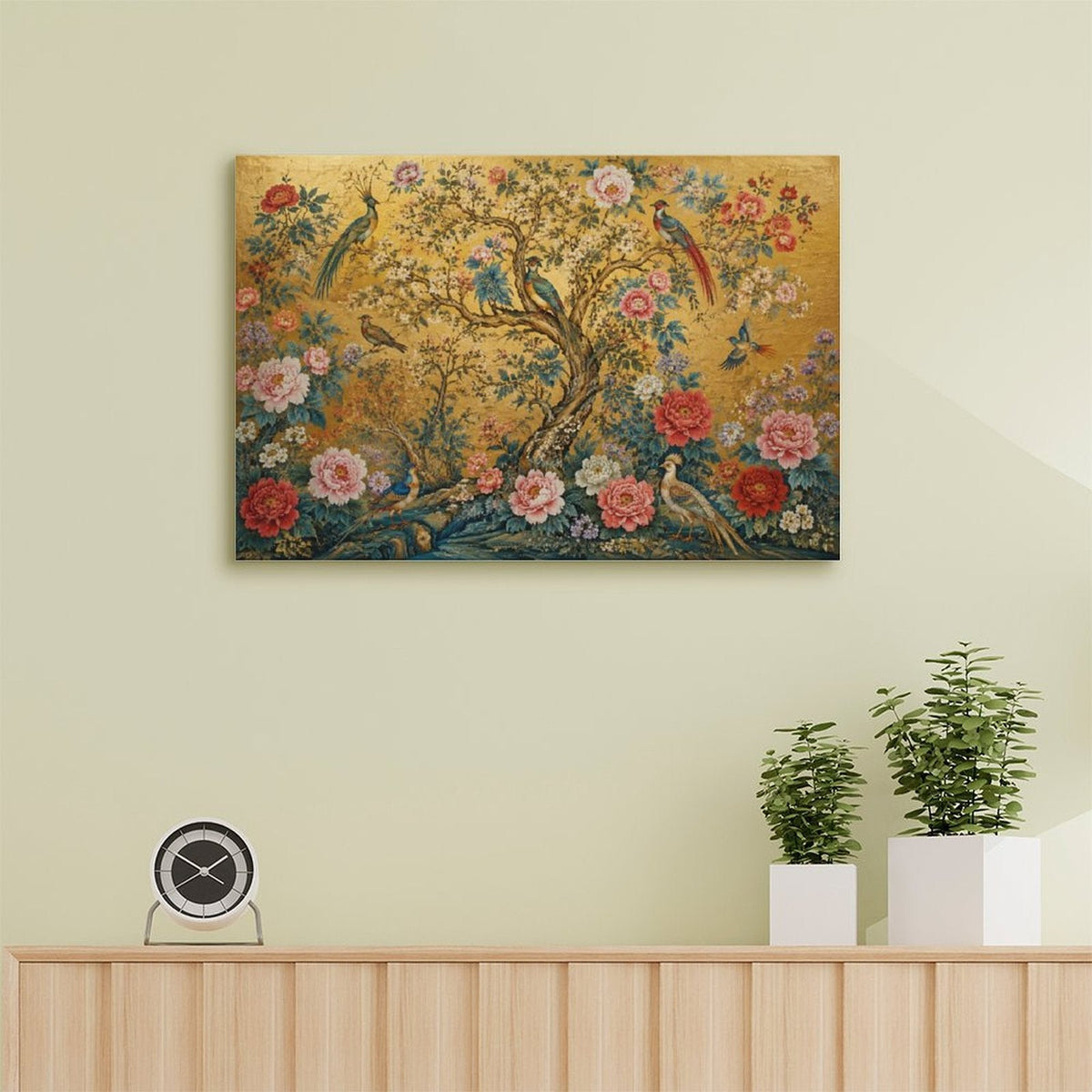 Chinese Imperial Flower & Bird Gold Framed Canvas Wall Art | Chinoiserie Peacock Peony Print