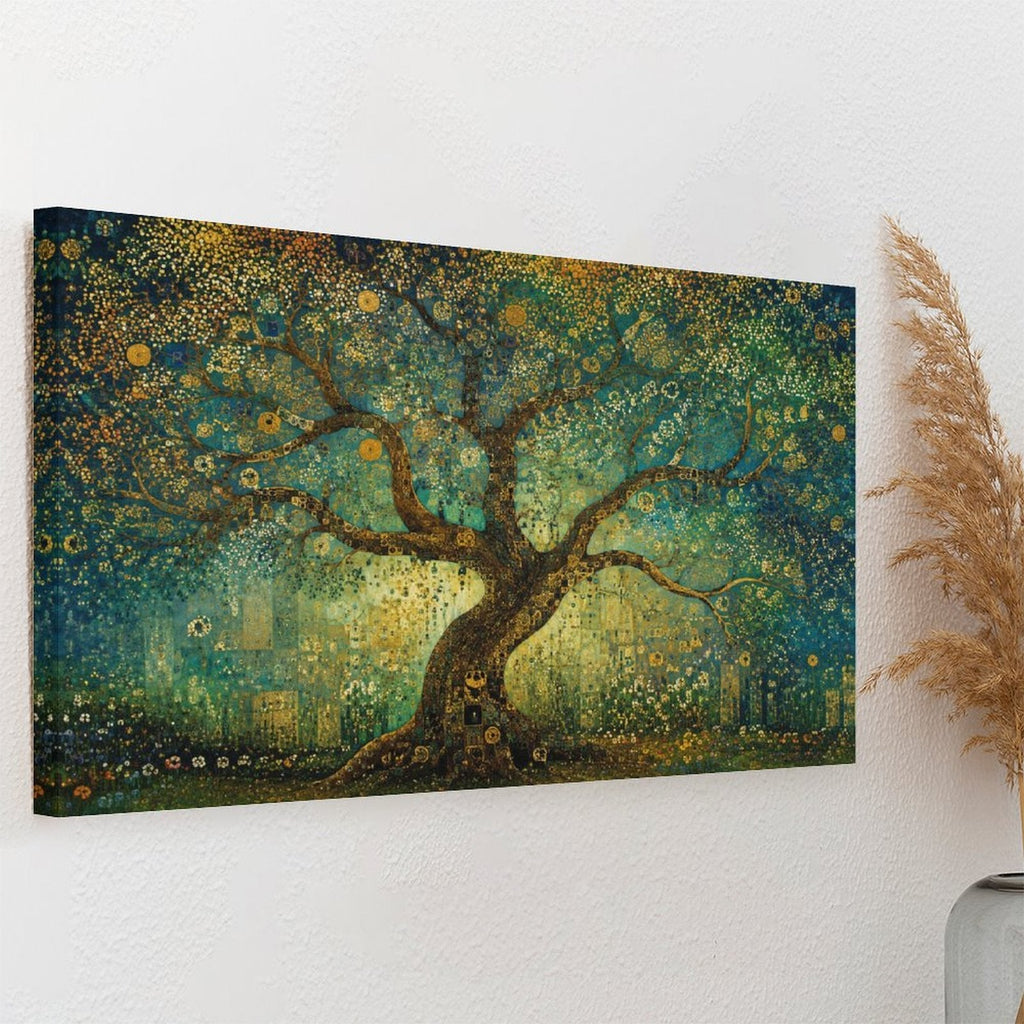 Klimt-Style Tree of Life Gold Mosaic Framed Canvas Wall Art | Art Nouveau Teal Print