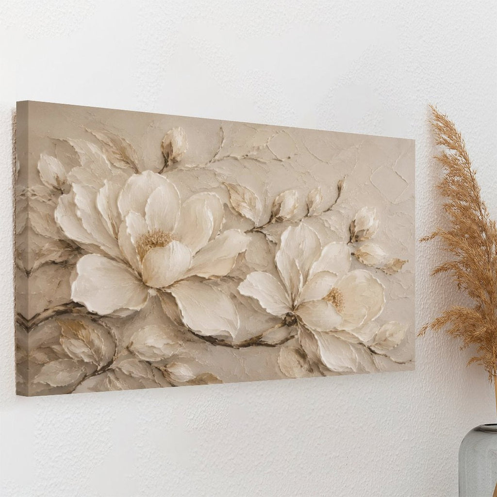 Cream Magnolia Textured Relief Framed Canvas Wall Art | Neutral Luxury Floral Print