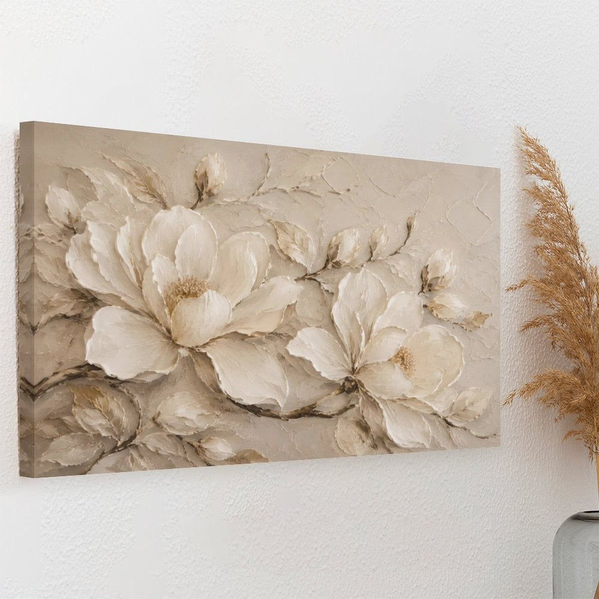 Cream Magnolia Textured Relief Framed Canvas Wall Art | Neutral Luxury Floral Print