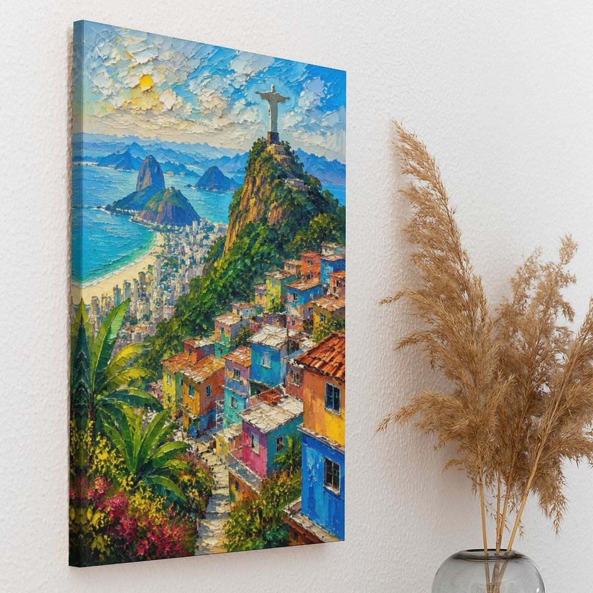 Rio de Janeiro Christ the Redeemer Favela Panorama Framed Canvas Wall Art | Impressionist Brazil Cityscape Print