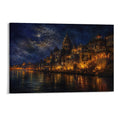 Varanasi Ganges River Night Glow Indian Temple Nocturne Framed Canvas Wall Art