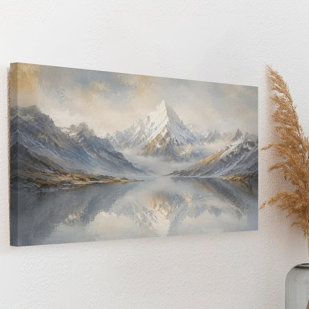 Misty Snow Mountain Lake Reflection Framed Canvas Wall Art | Nordic Minimalist Landscape Print