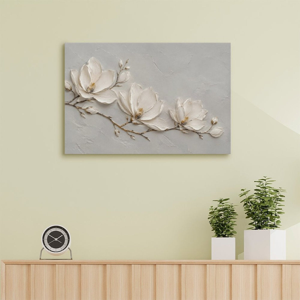 White Magnolia Branch Textured Framed Canvas Wall Art | Minimalist Floral Botanical Print