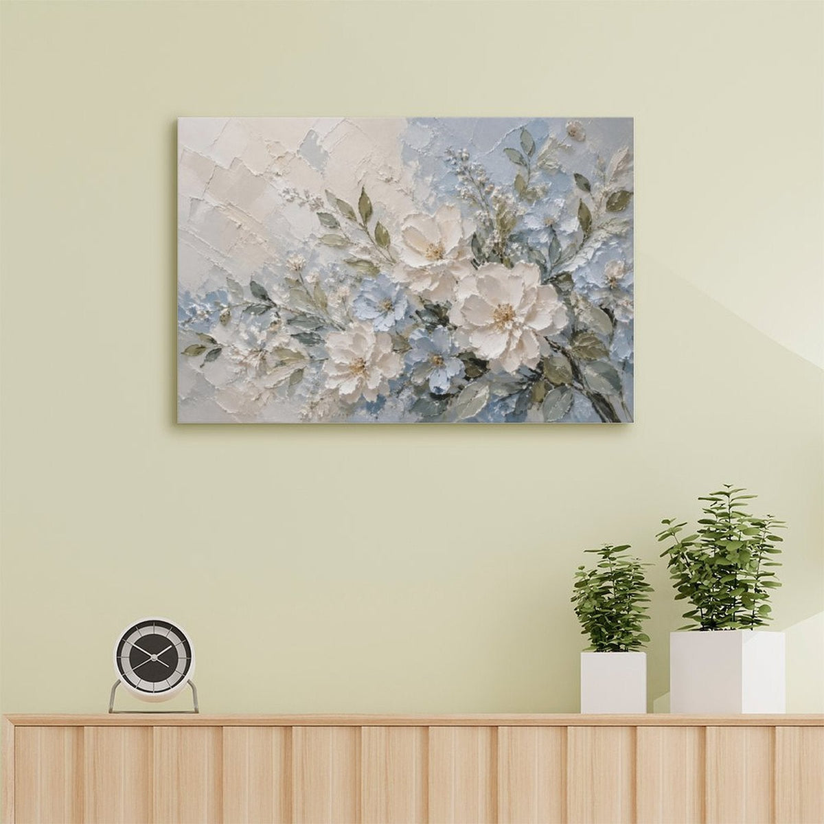 White Peony Blue Floral Textured Framed Canvas Wall Art | French Cottage Botanical Relief Print
