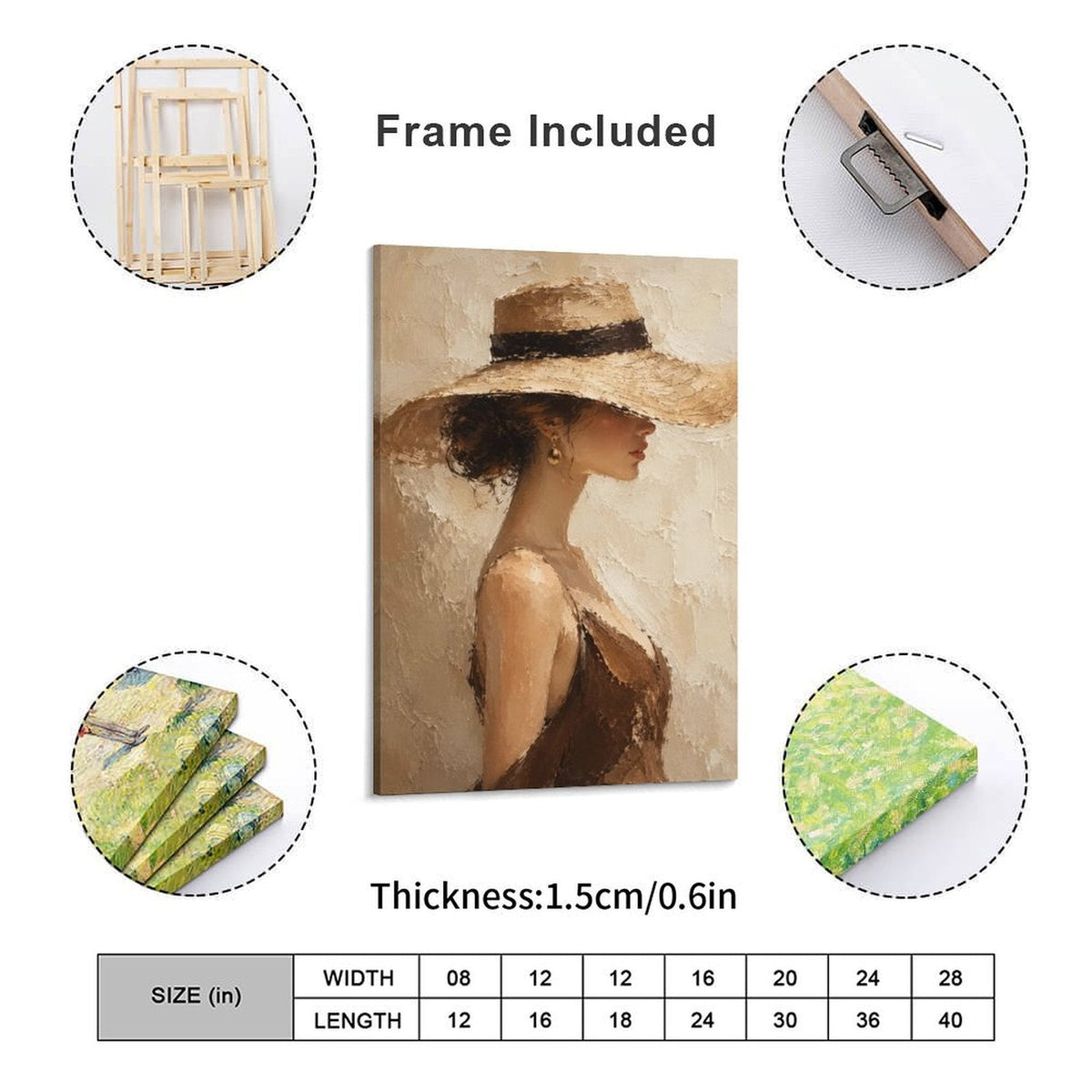 Elegant Woman Wide Brim Hat Textured Framed Canvas Wall Art | Neutral Figurative Portrait Print