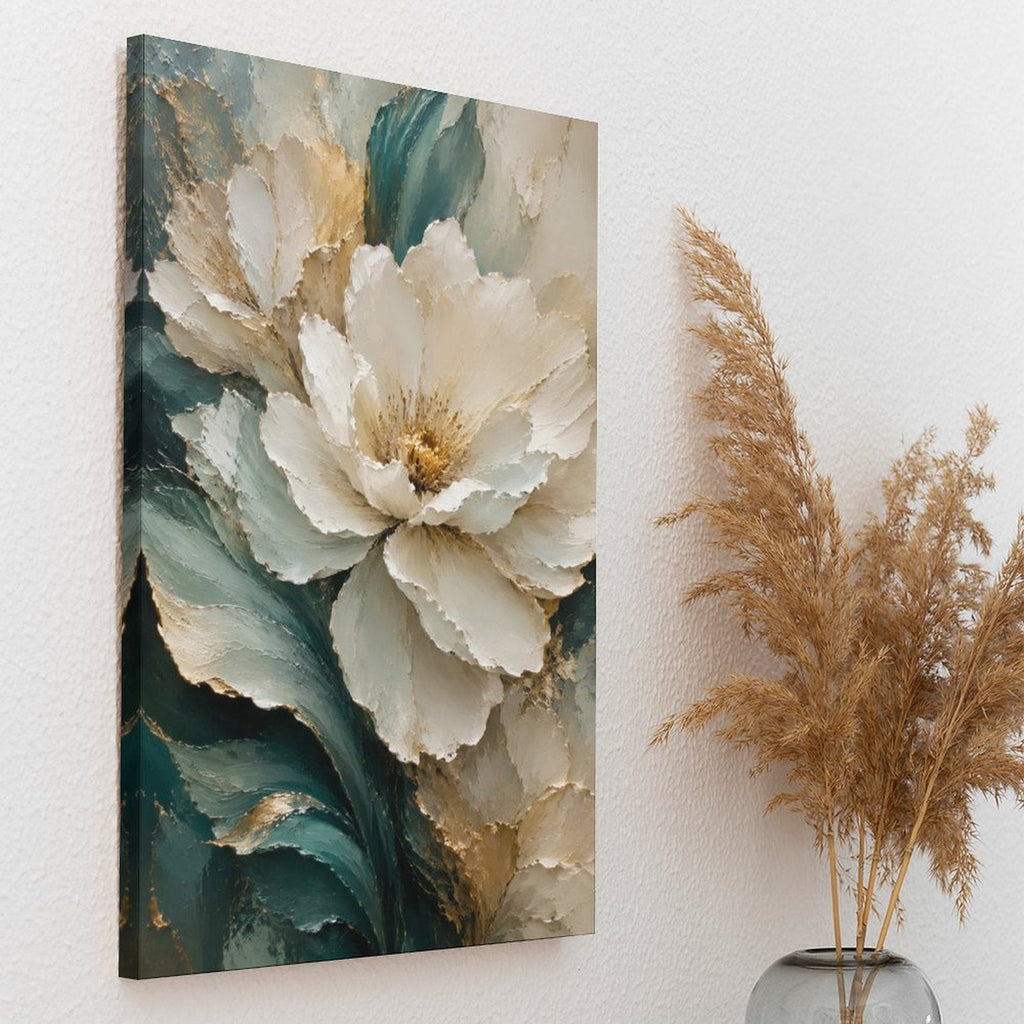 Cream White Peony Gold Botanical Framed Canvas Wall Art | Teal Green Floral Textured Print