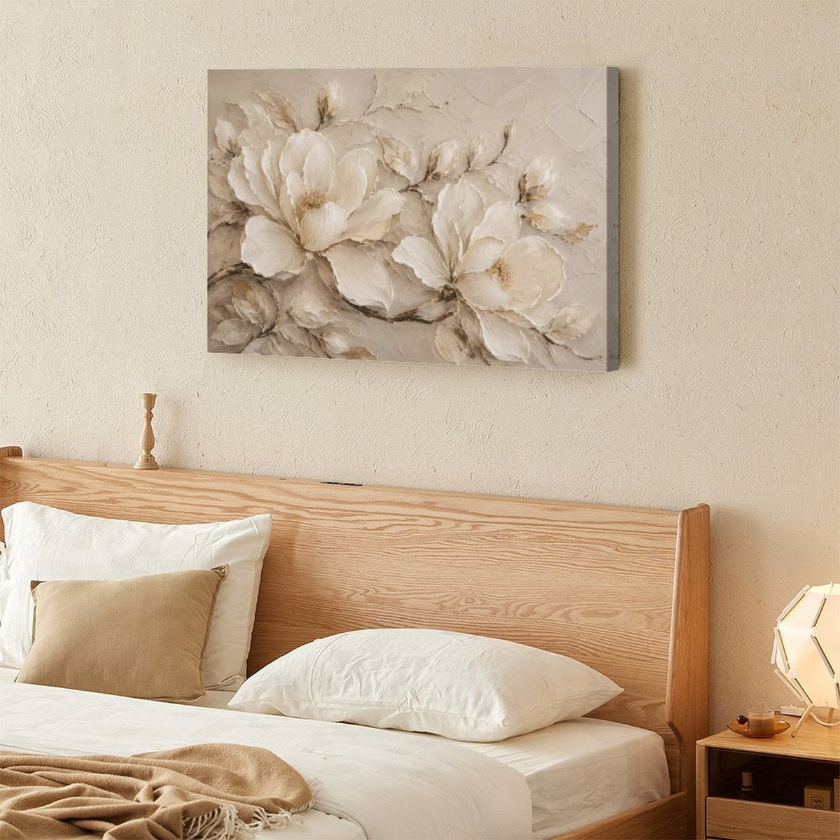Cream Magnolia Textured Relief Framed Canvas Wall Art | Neutral Luxury Floral Print