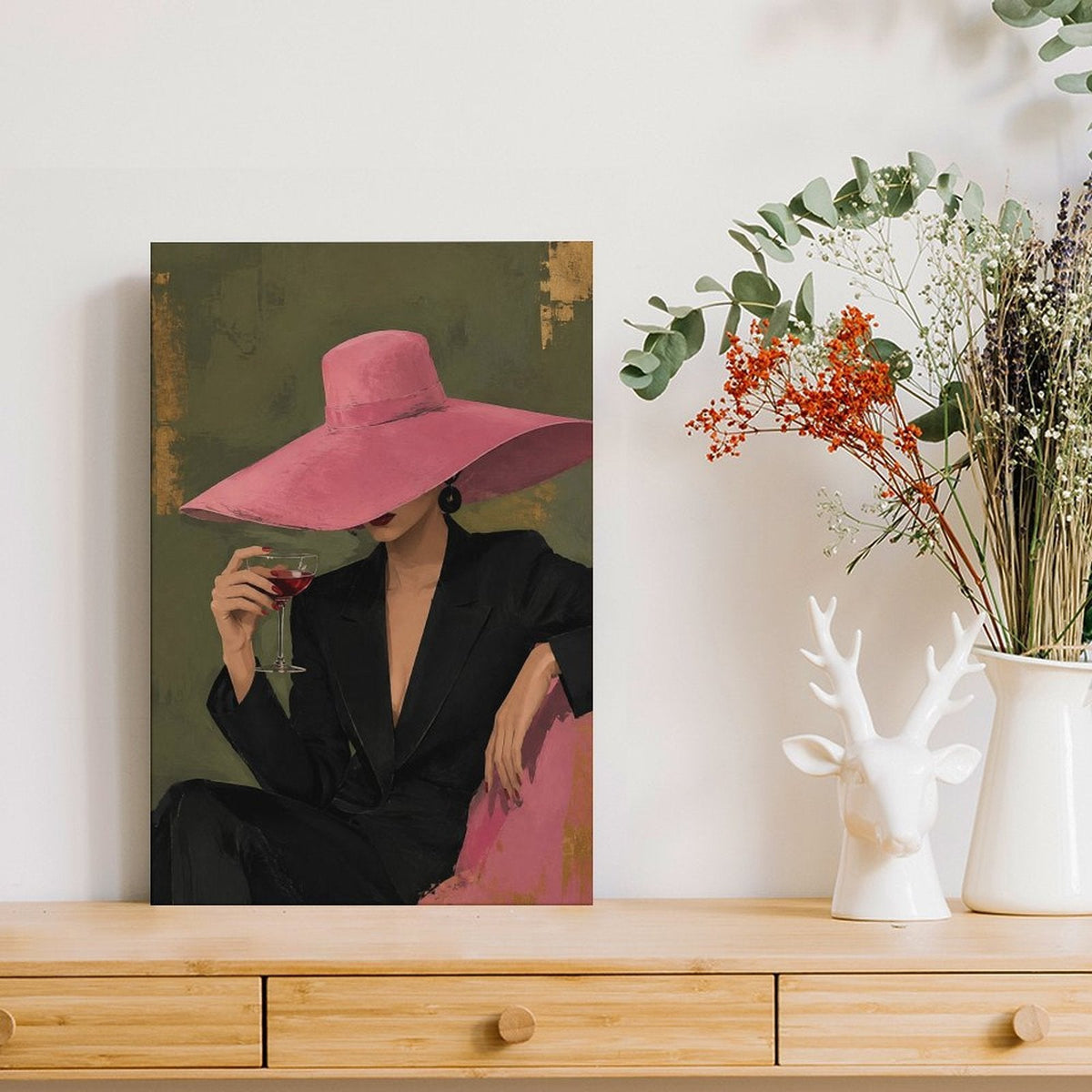 Chic Woman Pink Hat Red Wine Framed Canvas Wall Art | Vintage Fashion Figurative Print