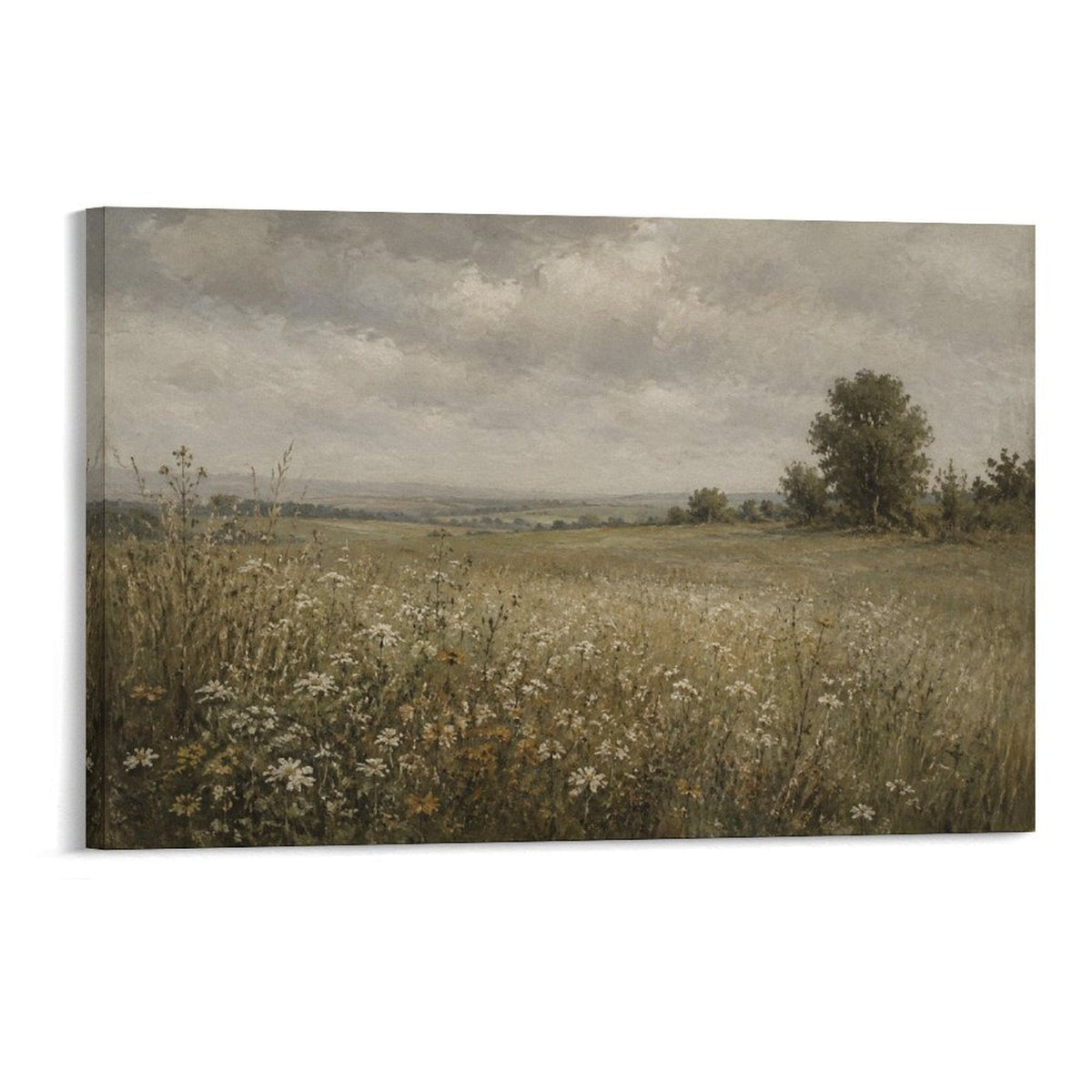 English Country Meadow Daisy Field Vintage Moody Landscape Framed Canvas Wall Art