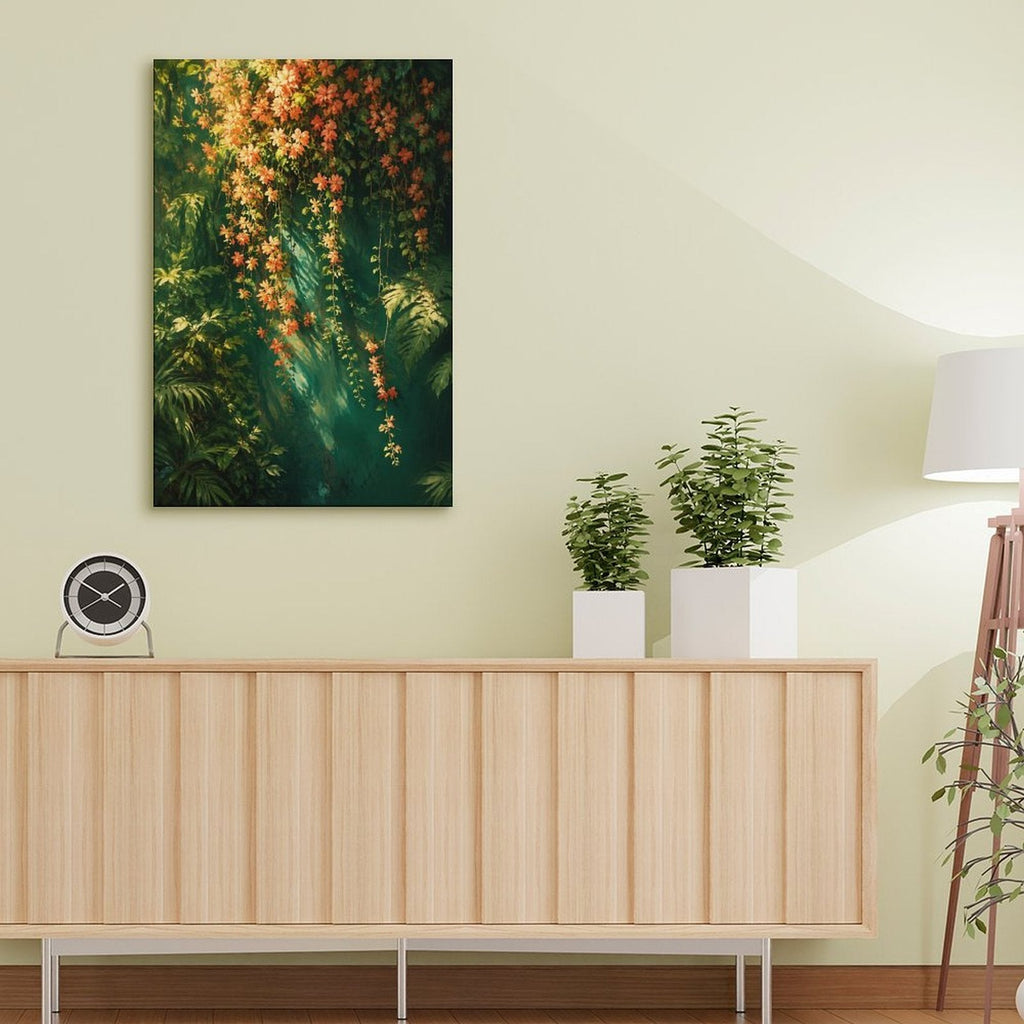 Tropical Rainforest Hanging Orange Flowers Framed Canvas Wall Art | Lush Botanical Nature Print