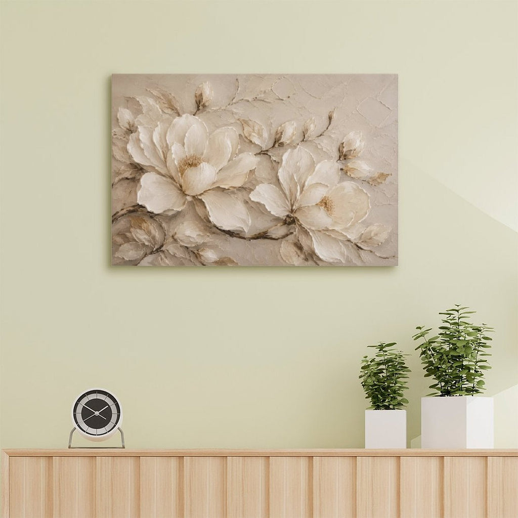 Cream Magnolia Textured Relief Framed Canvas Wall Art | Neutral Luxury Floral Print