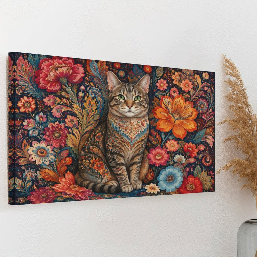 Persian Floral Tabby Cat Framed Canvas Wall Art | Folk Art Botanical Animal Print