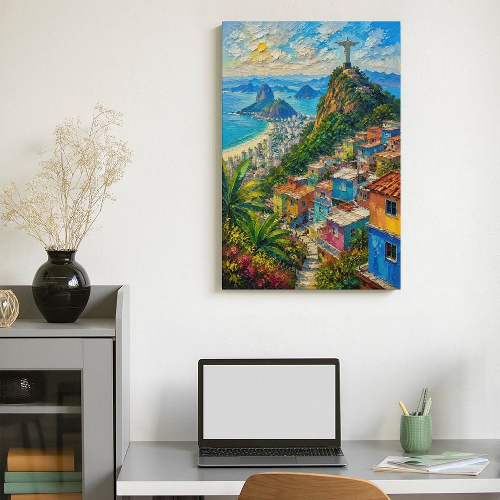 Rio de Janeiro Christ the Redeemer Favela Panorama Framed Canvas Wall Art | Impressionist Brazil Cityscape Print