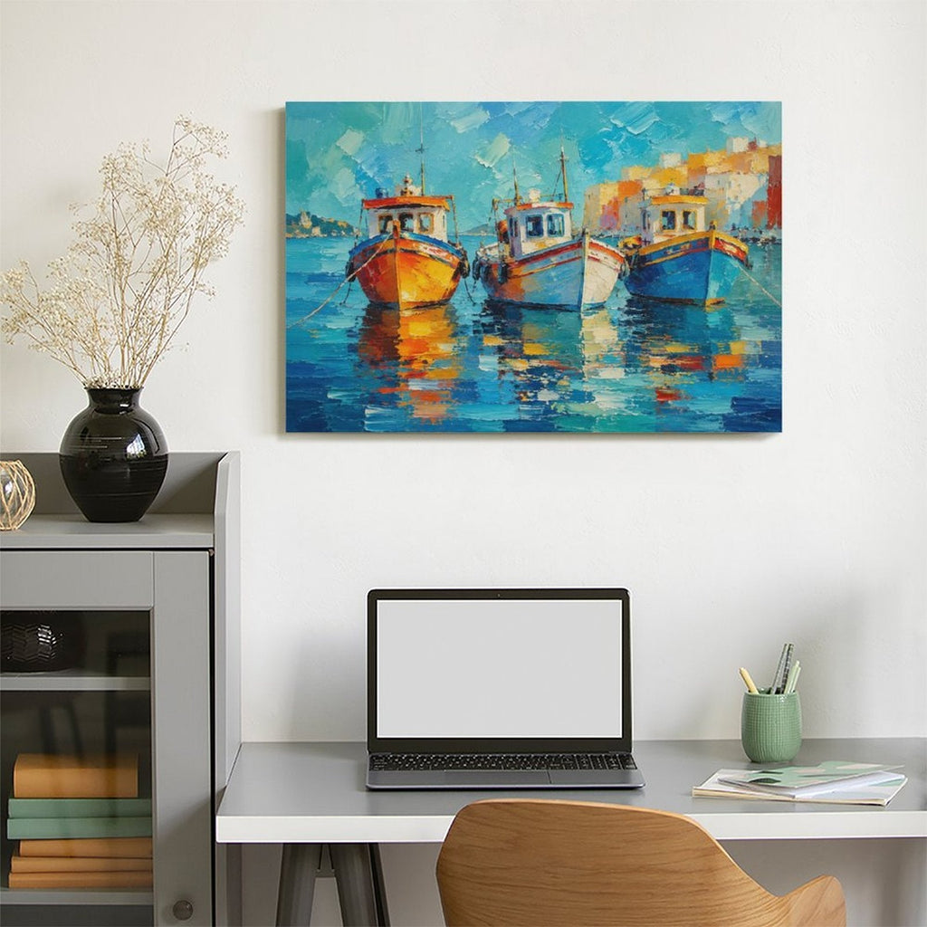 Mediterranean Harbor Fishing Boats Framed Canvas Wall Art | Colorful Impressionist Nautical Print