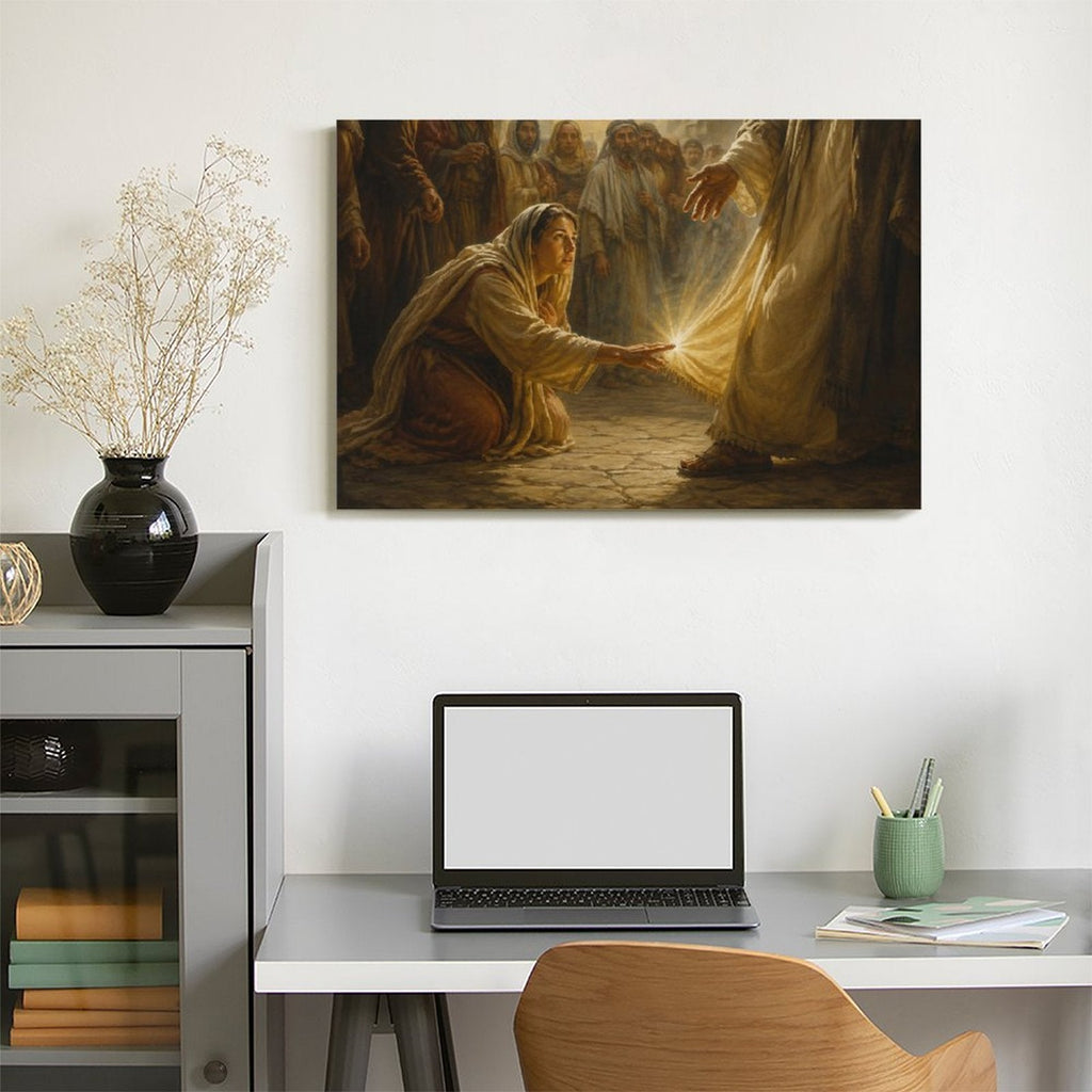 Woman Touching Jesus Robe Healing Miracle Framed Canvas Wall Art | Classical Religious Print