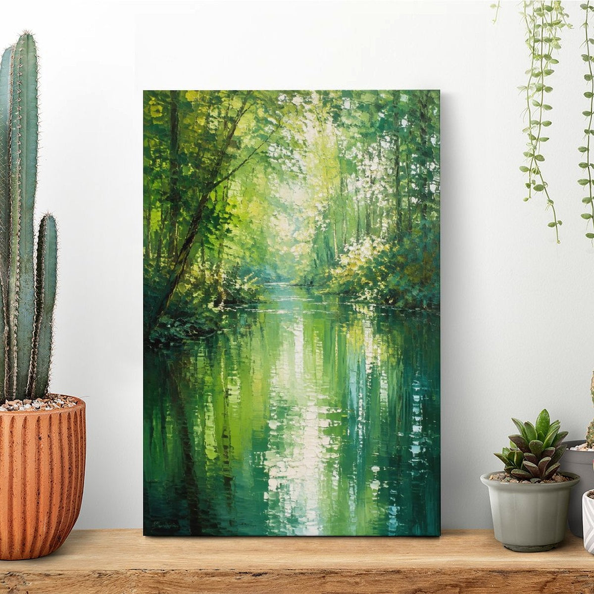 Emerald Forest River Monet-Style Framed Canvas Wall Art | Impressionist Green Nature Print