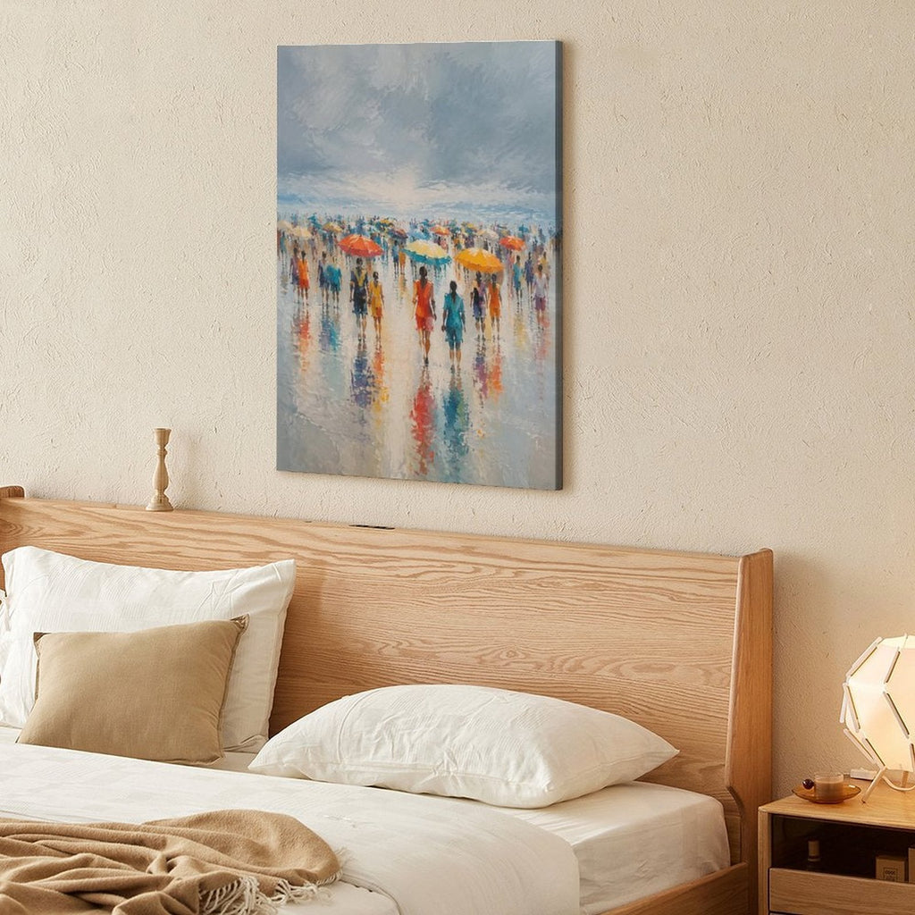 Rainy Beach Crowd Colorful Umbrellas Framed Canvas Wall Art | Impressionist Coastal Figurative Print