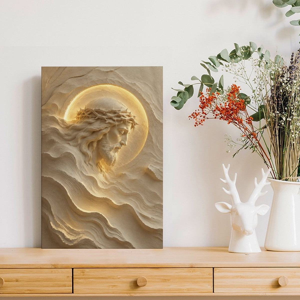 Jesus Crown of Thorns 3D Sand Relief Framed Canvas Wall Art | Sacred Religious Print