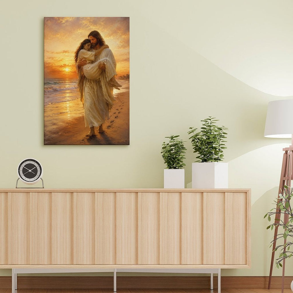 Jesus Carrying Woman Footprints Beach Sunset Framed Canvas Wall Art | Inspirational Religious Print