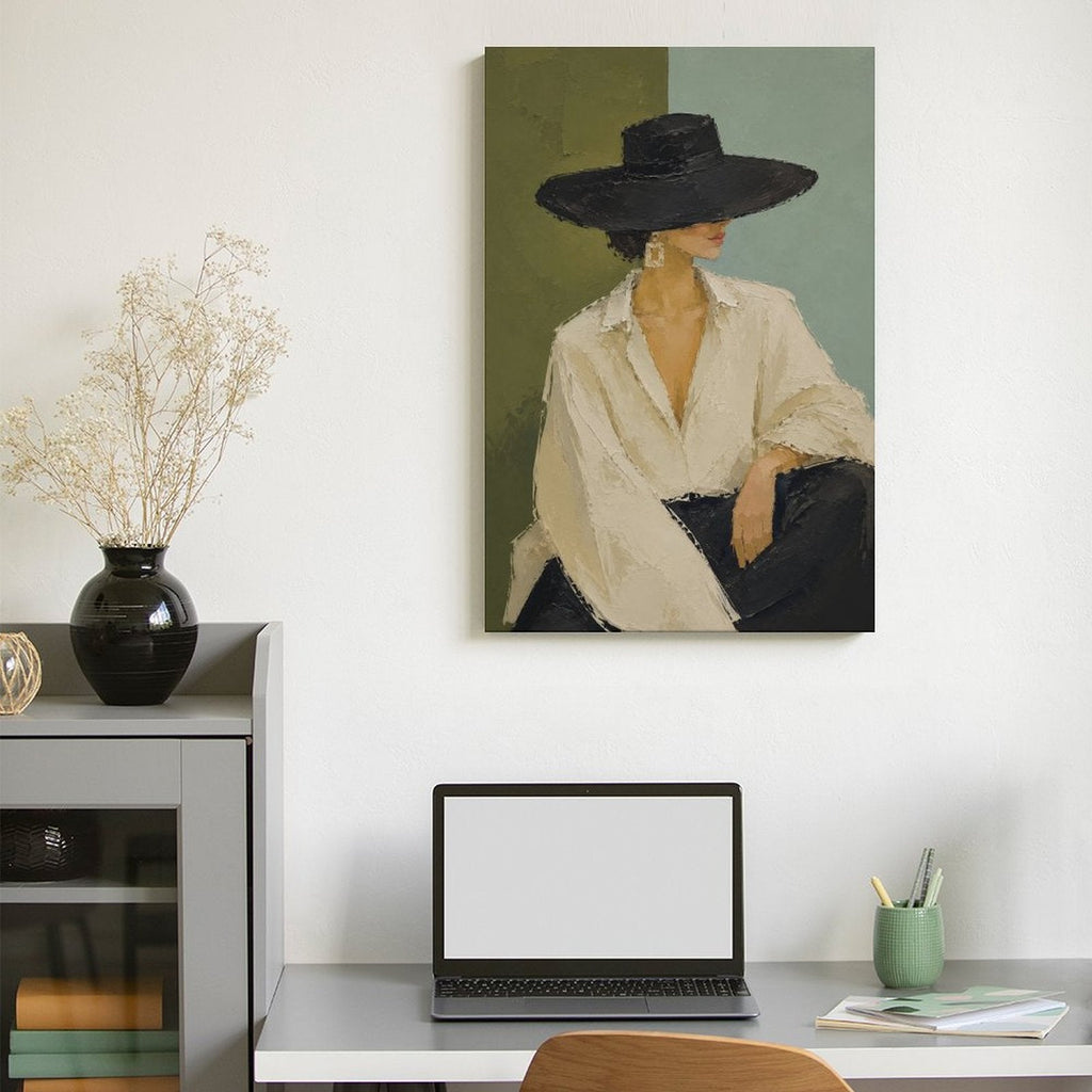 Minimalist Woman Black Hat White Shirt Framed Canvas Wall Art | Modern Fashion Portrait Print