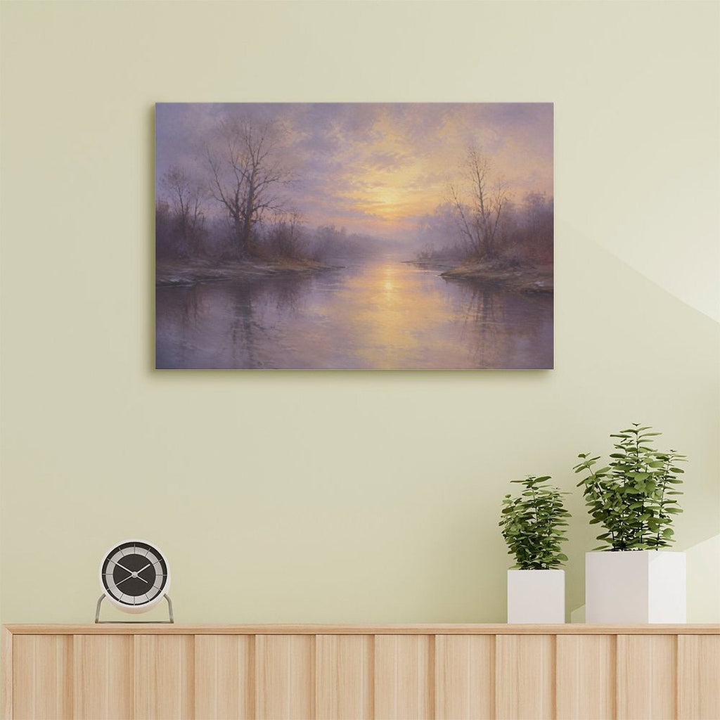 Misty Lavender River Sunrise Bare Trees Framed Canvas Wall Art | Atmospheric Old Master Landscape Print