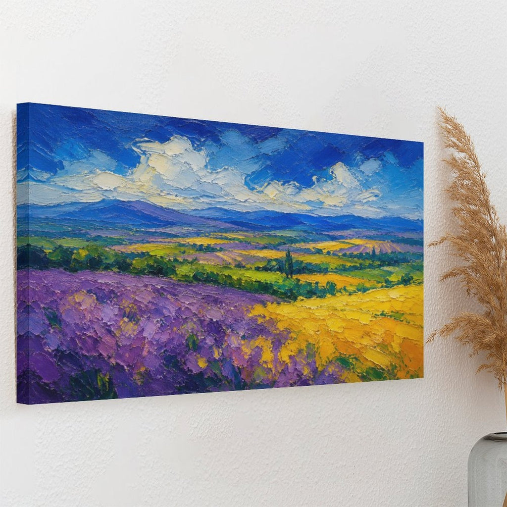Provence Lavender Field Impressionist Framed Canvas Wall Art | Purple Yellow Landscape Textured Print