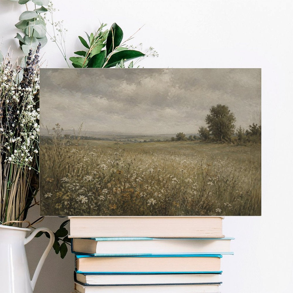 English Country Meadow Daisy Field Framed Canvas Wall Art | Vintage Moody Landscape Print