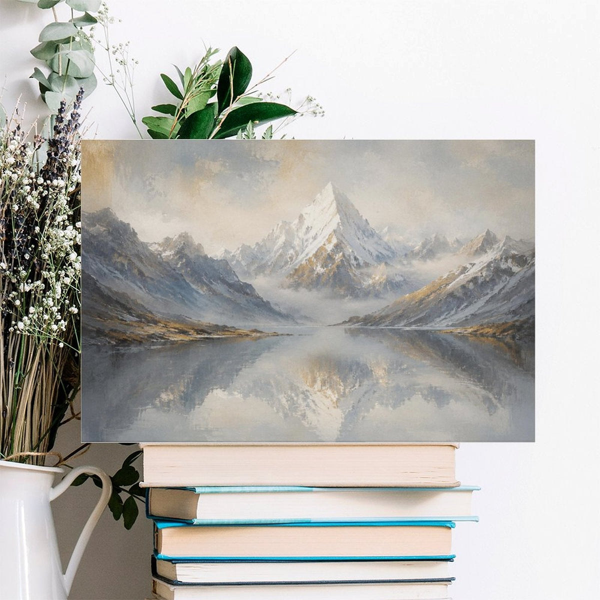 Misty Snow Mountain Lake Reflection Framed Canvas Wall Art | Nordic Minimalist Landscape Print