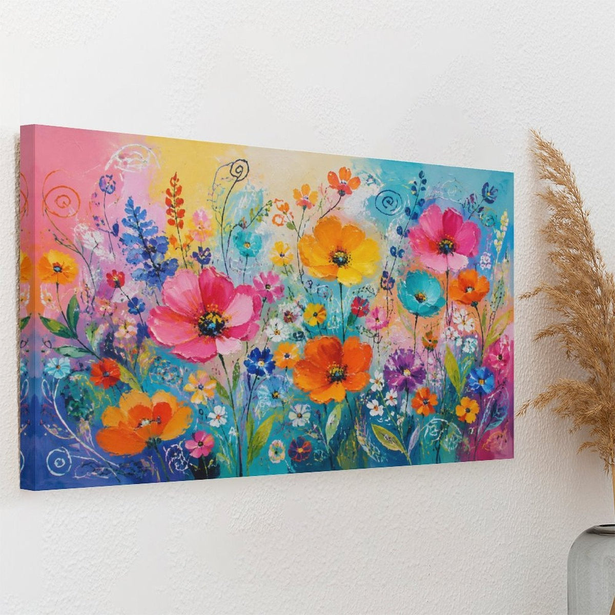 Colorful Wildflower Garden Framed Canvas Wall Art | Joyful Floral Rainbow Print
