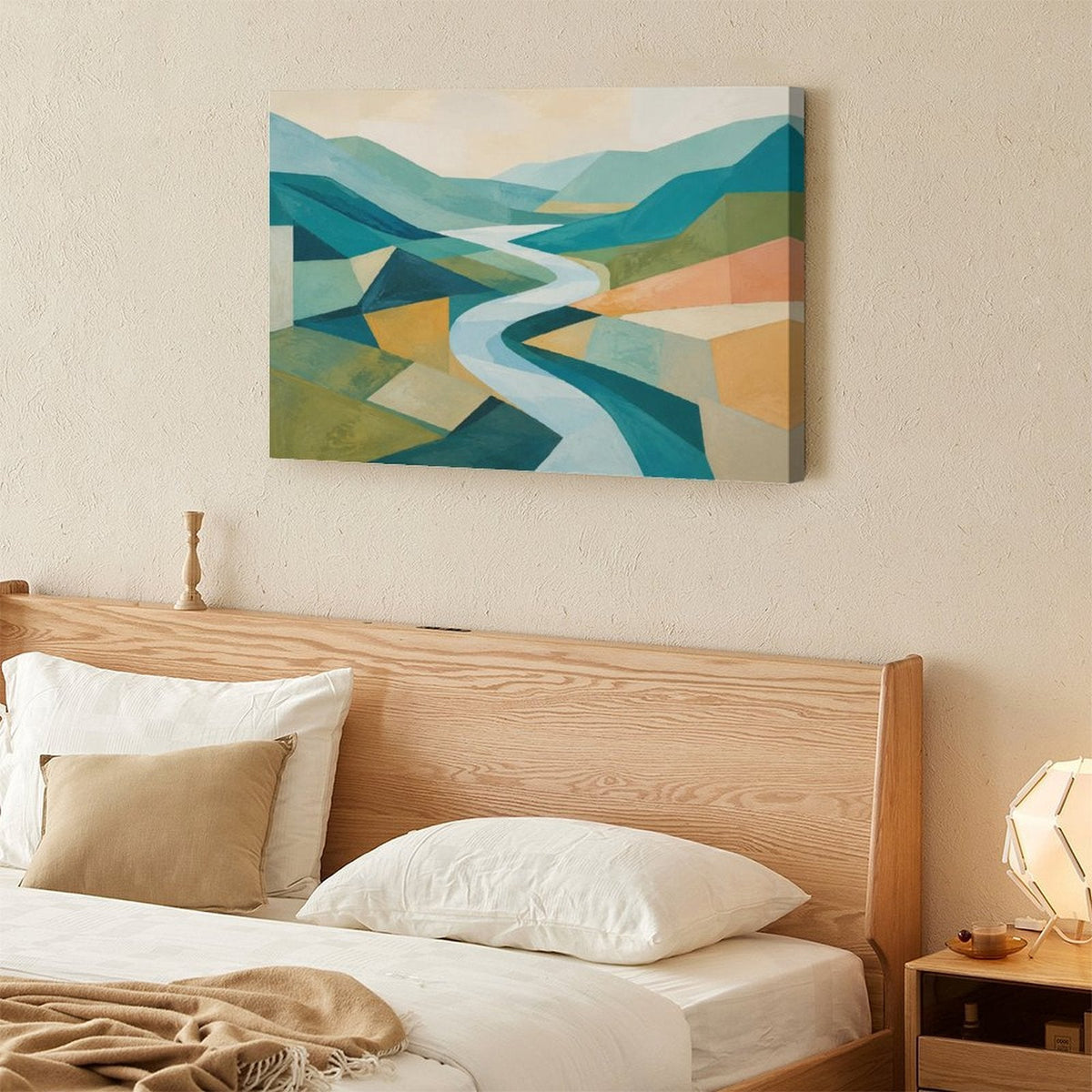 Geometric Abstract Valley River Framed Canvas Wall Art | Mid-Century Modern Landscape Print