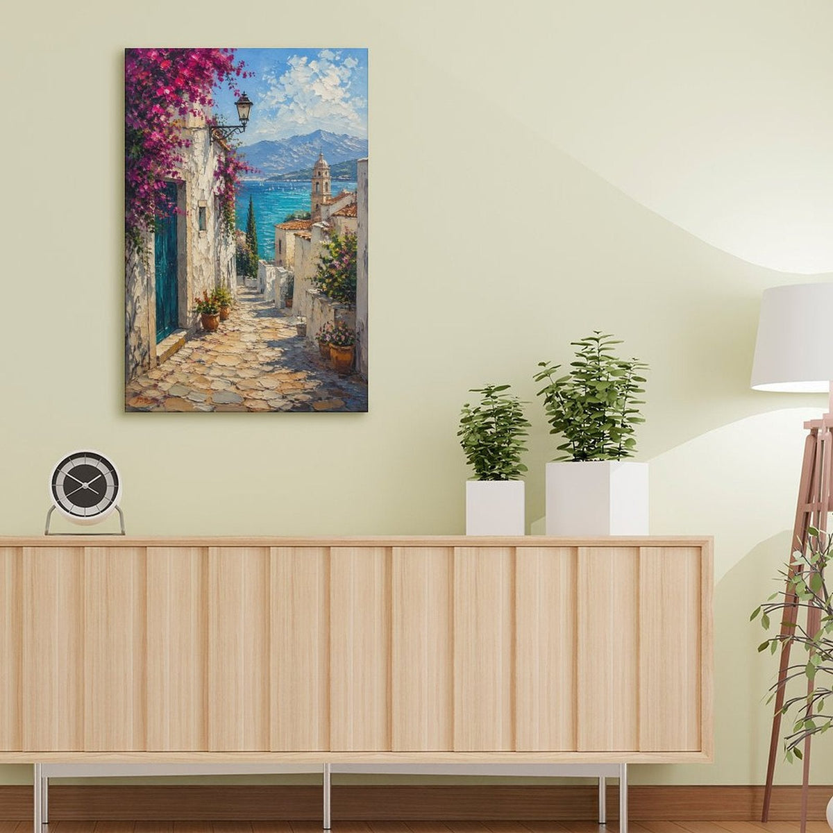 Mediterranean Cobblestone Alley Bougainvillea Framed Canvas Wall Art | Impressionist Coastal Village Print