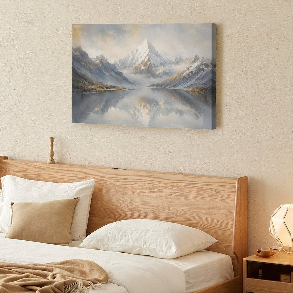 Misty Snow Mountain Lake Reflection Framed Canvas Wall Art | Nordic Minimalist Landscape Print