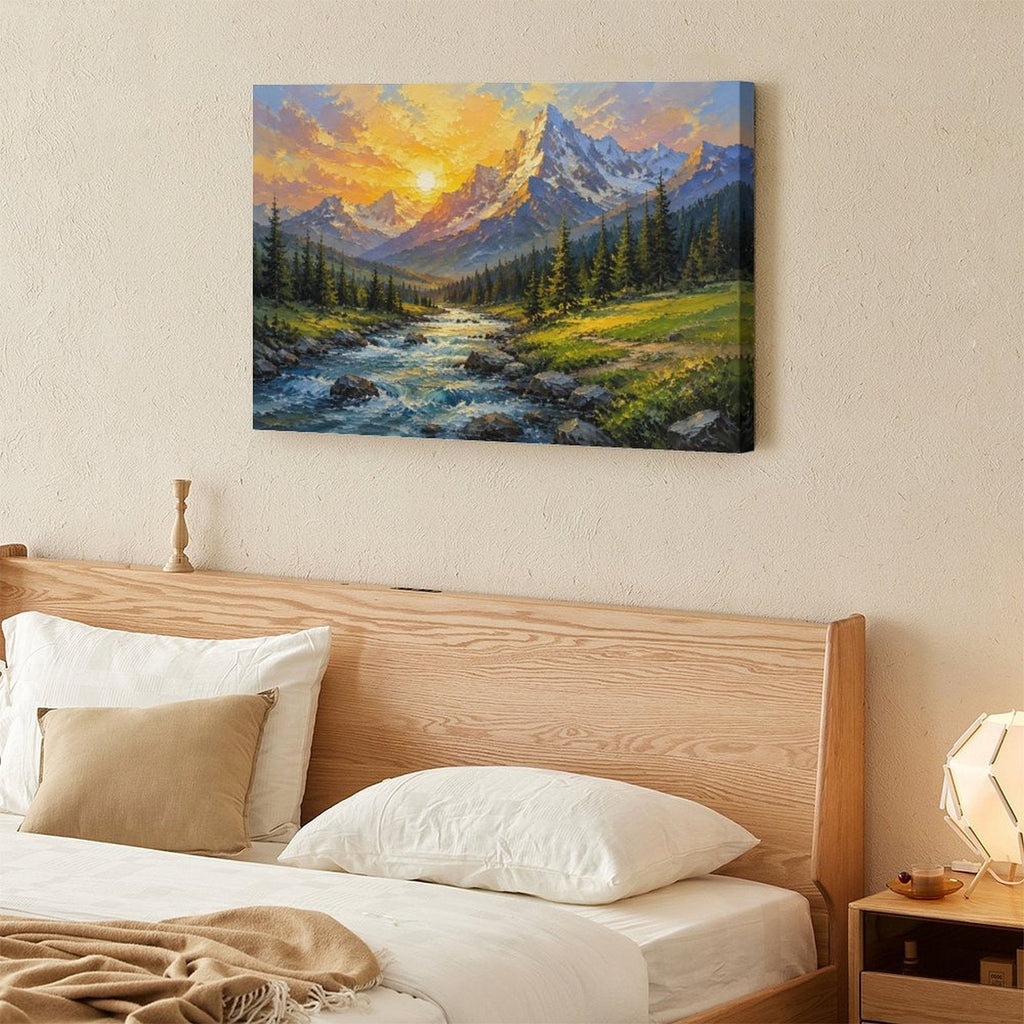 Mountain Stream Golden Sunset Framed Canvas Wall Art | Impressionist Alpine Landscape Print