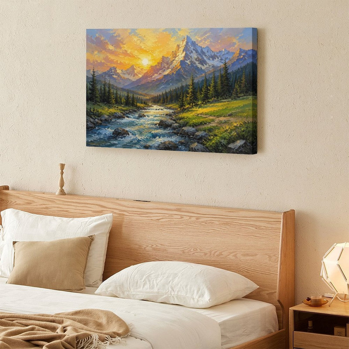 Mountain Stream Golden Sunset Framed Canvas Wall Art | Impressionist Alpine Landscape Print