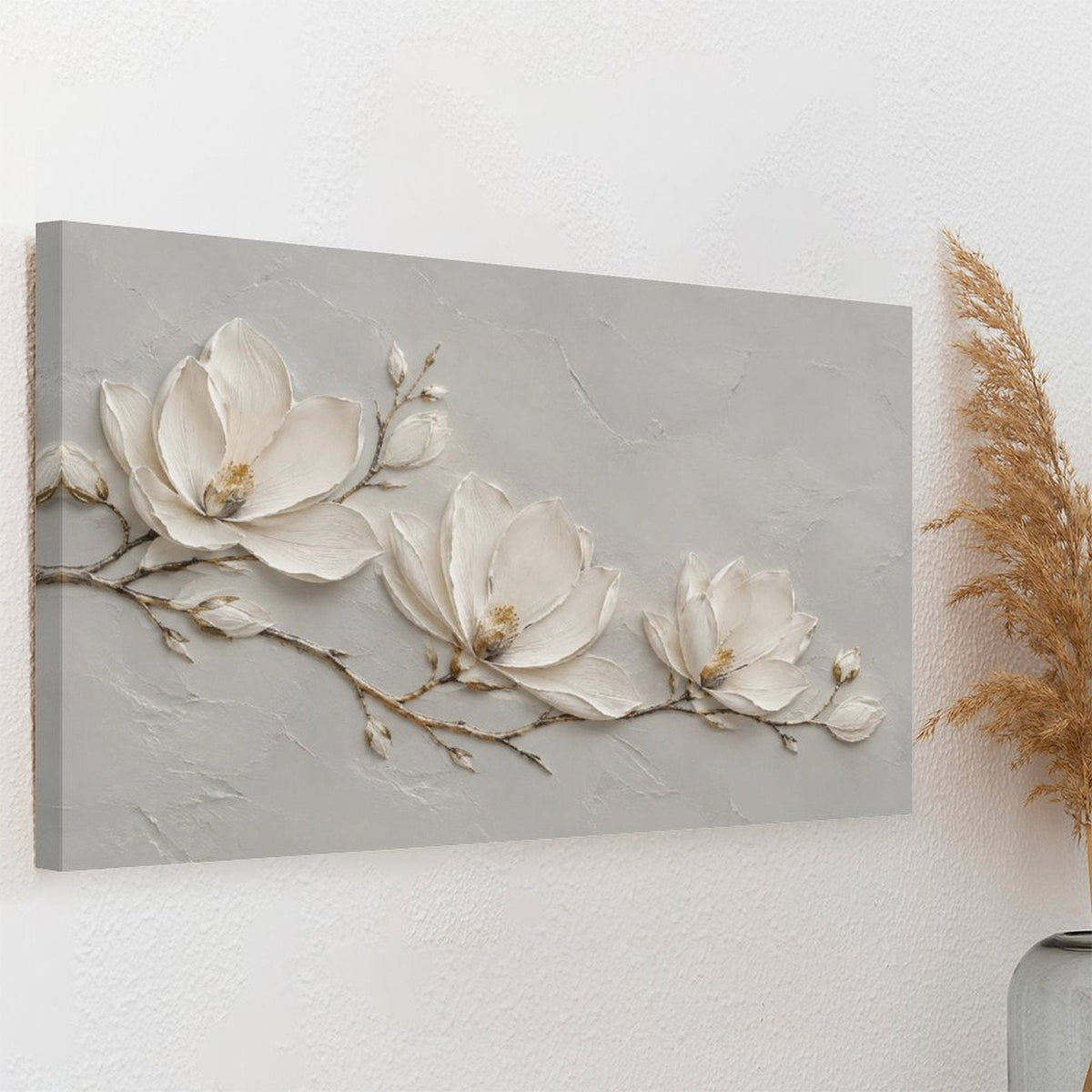 White Magnolia Branch Textured Framed Canvas Wall Art | Minimalist Floral Botanical Print