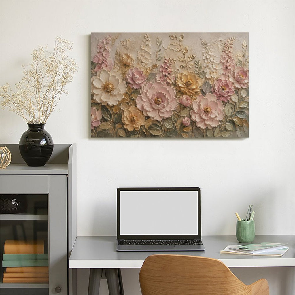 Pink Rose Cream Peony Gold Floral Textured Framed Canvas Wall Art | French Romantic Relief Print