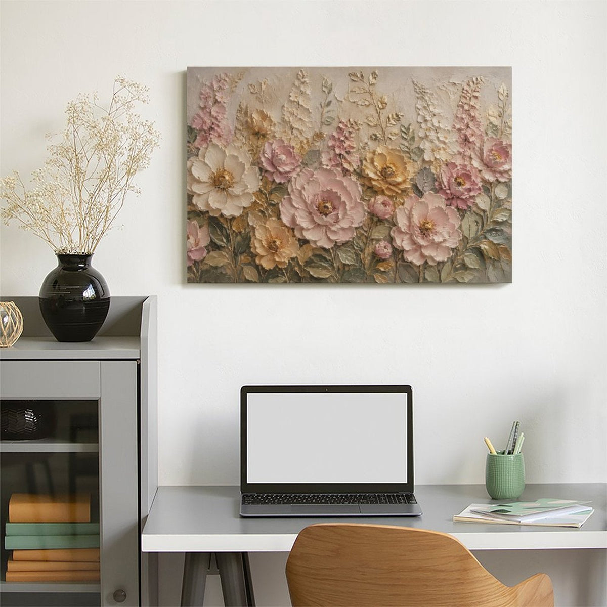 Pink Rose Cream Peony Gold Floral Textured Framed Canvas Wall Art | French Romantic Relief Print