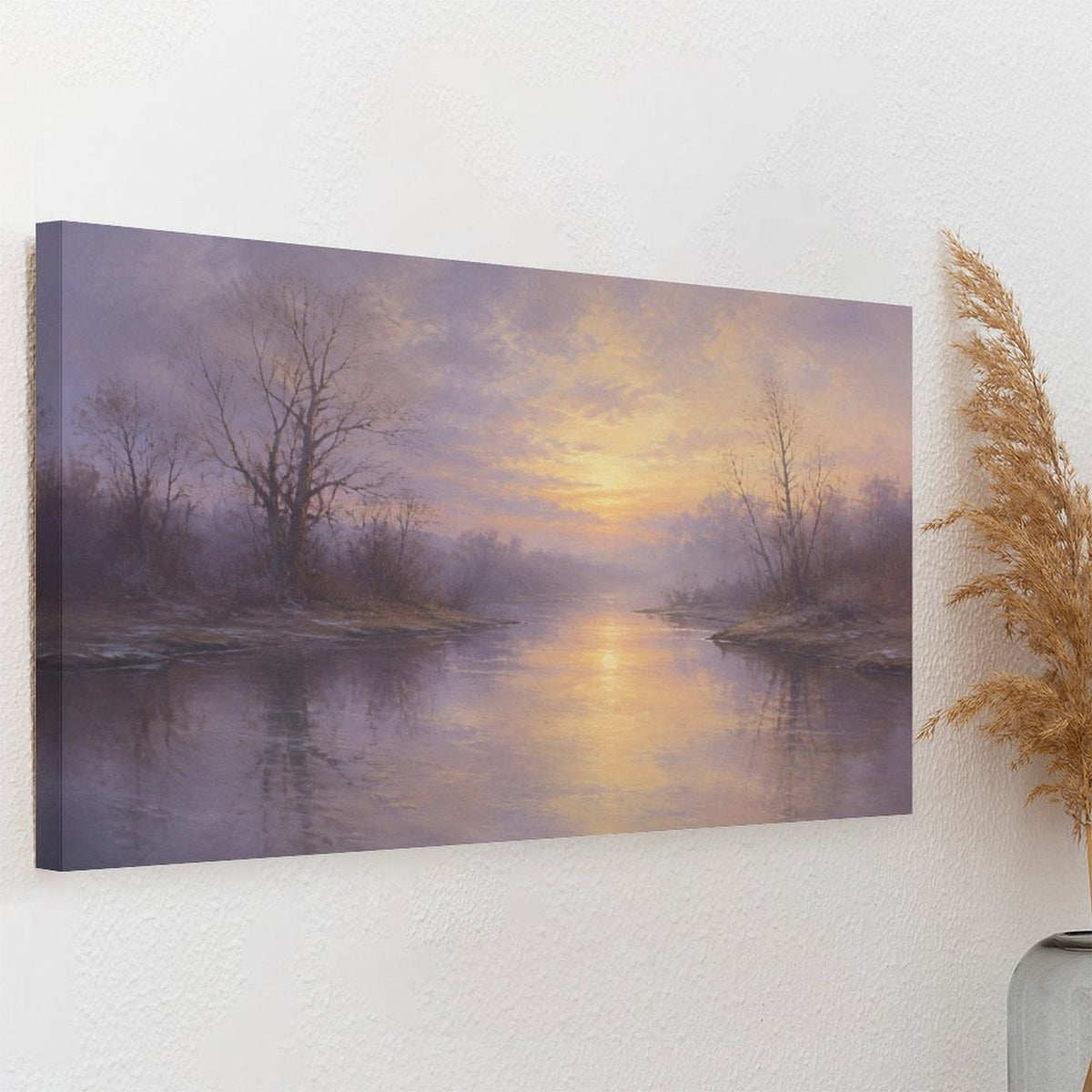 Misty Lavender River Sunrise Bare Trees Framed Canvas Wall Art | Atmospheric Old Master Landscape Print