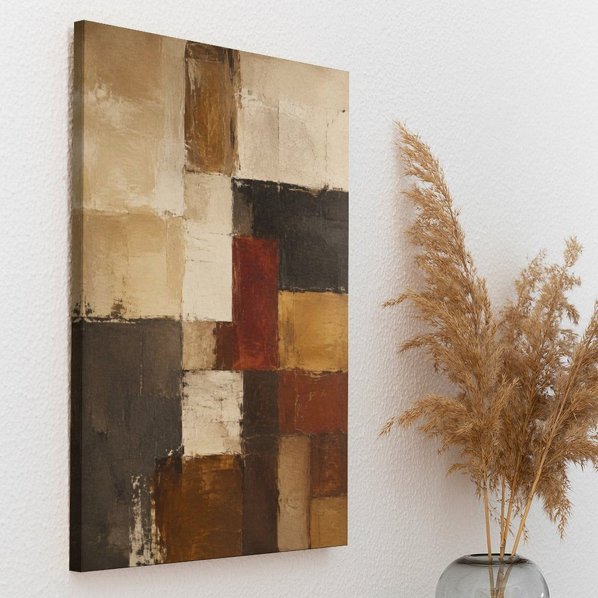Earth Tone Geometric Block Abstract Textured Framed Canvas Wall Art | Mondrian-Style Neutral Print