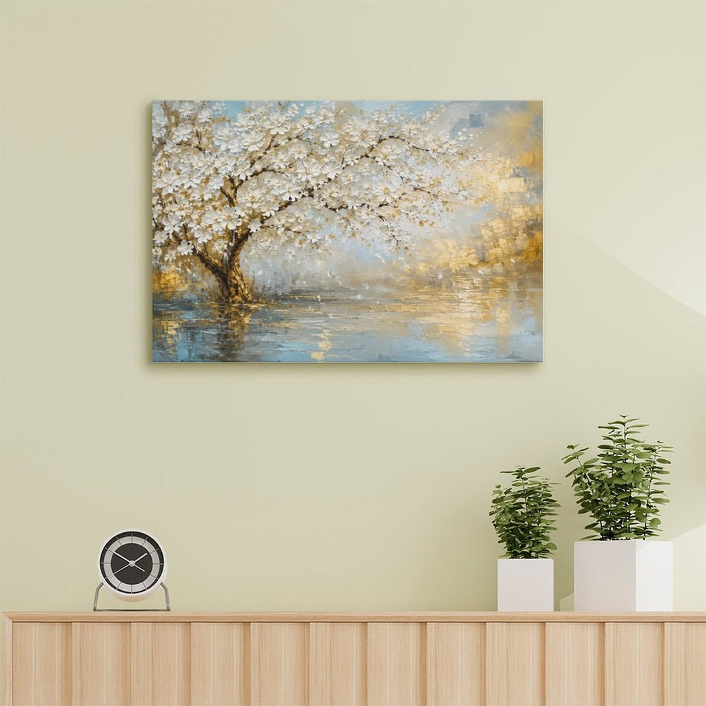 White Blossom Tree Lake Reflection Framed Canvas Wall Art | Gold Blue Textured Landscape Print