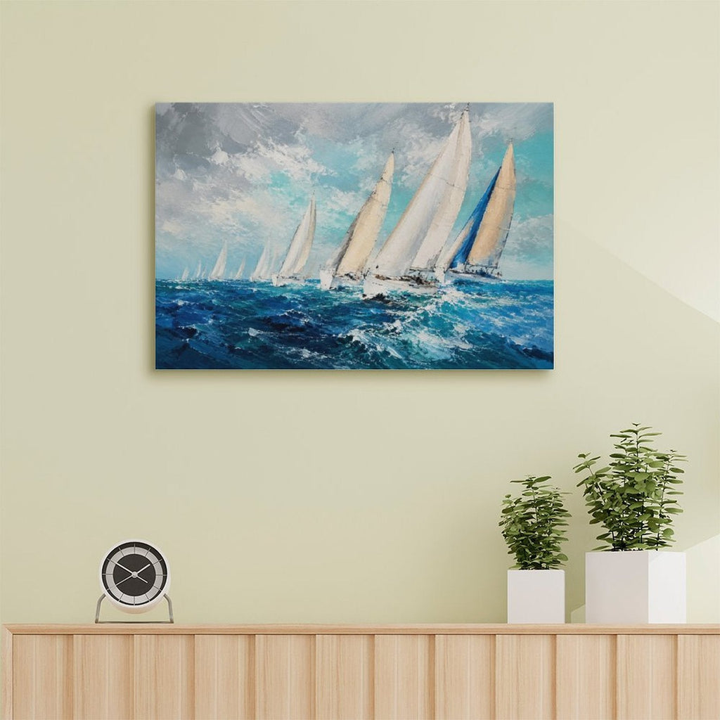Sailing Regatta Ocean Race Framed Canvas Wall Art | Impressionist Nautical Seascape Print