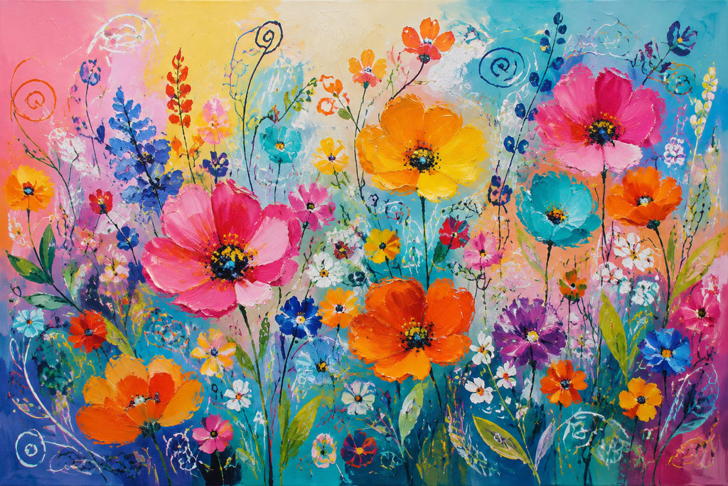 Colorful Wildflower Garden Framed Canvas Wall Art | Joyful Floral Rainbow Print