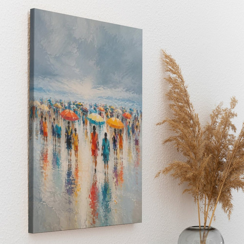 Rainy Beach Crowd Colorful Umbrellas Framed Canvas Wall Art | Impressionist Coastal Figurative Print