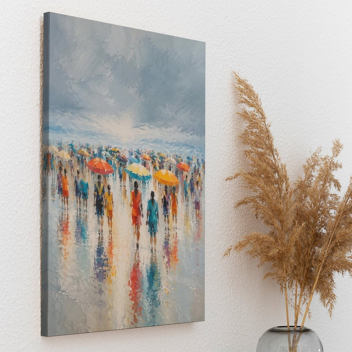 Rainy Beach Crowd Colorful Umbrellas Framed Canvas Wall Art | Impressionist Coastal Figurative Print