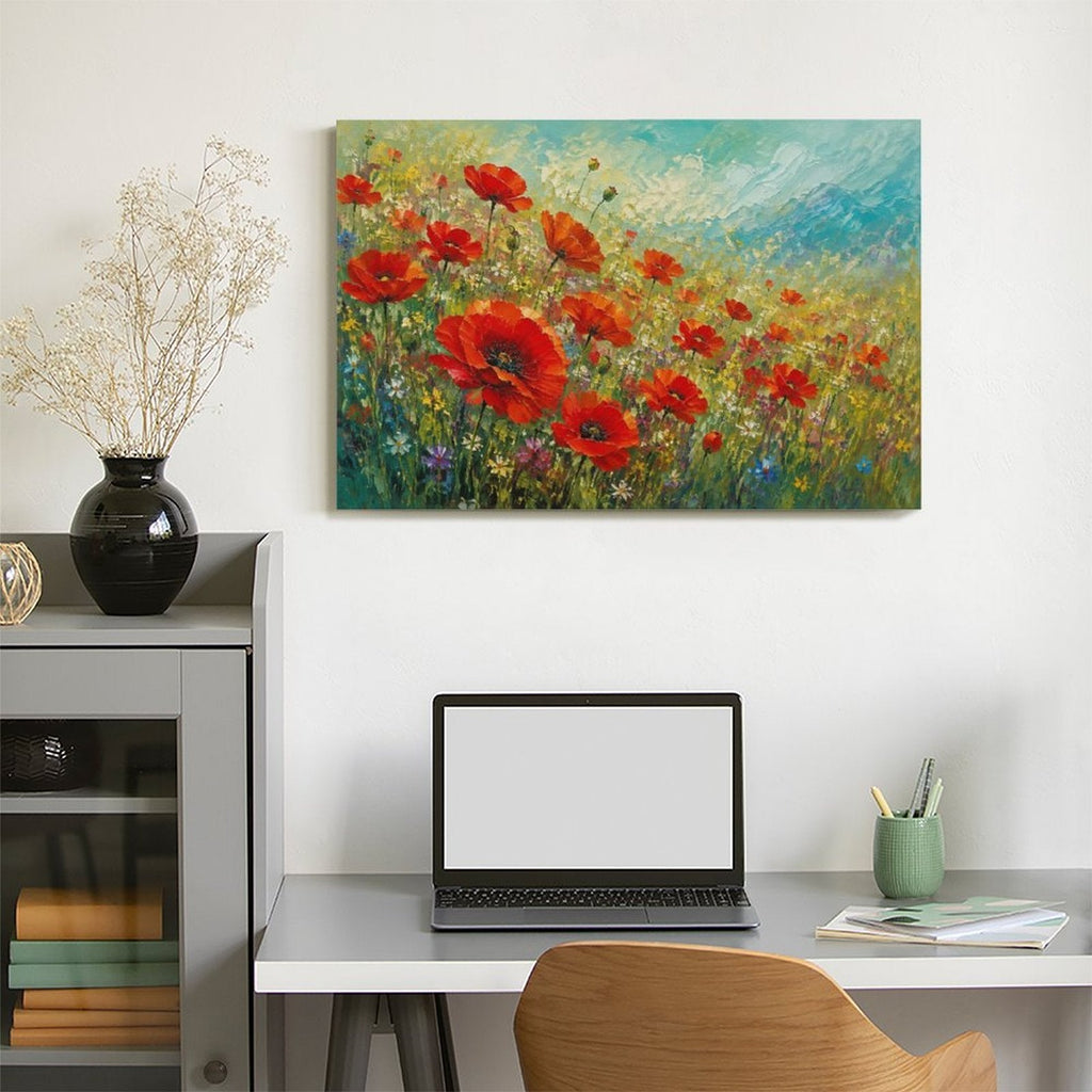 Red Poppy Wildflower Meadow Framed Canvas Wall Art | Impressionist Floral Field Print